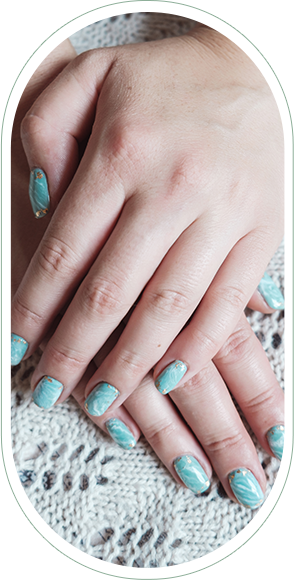 Young women with light green nails